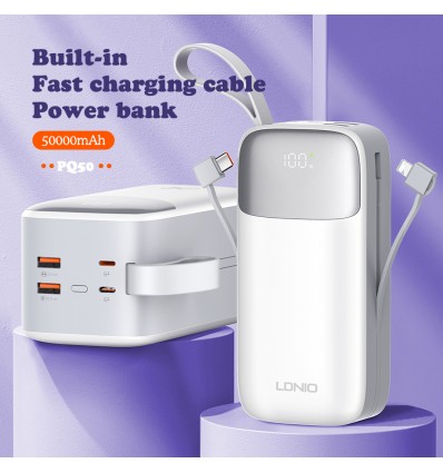 LDNIO POWER BANK 50000mAh 22,5W 5V 3A 2 PORT (2A) + 2 CABLE (1C1L) PQ50